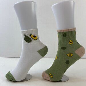 Womens Crew Socks Set 2 Avocado Print Green White Brown Yellow